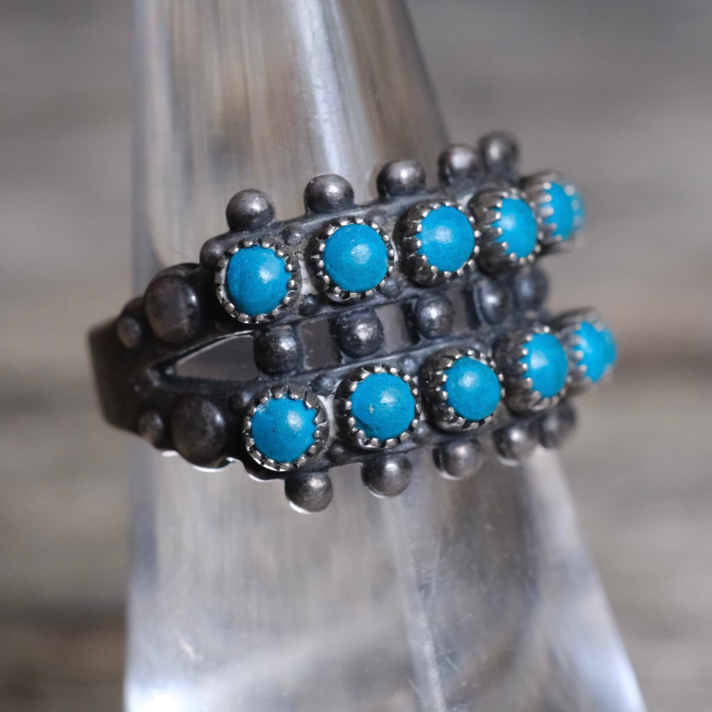Vintage Sterling Snake Eye Turquoise Double Row Ring 6.25