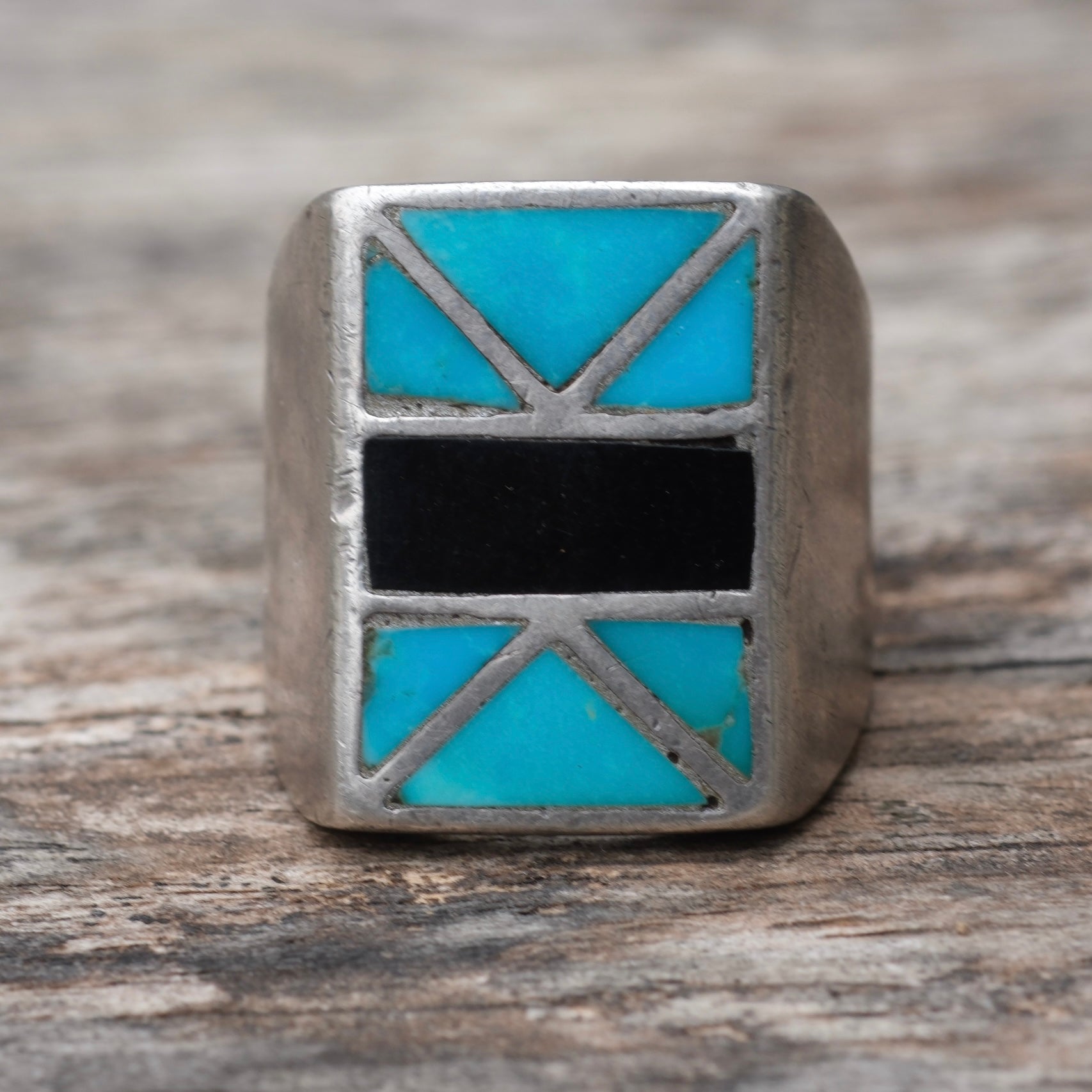 Vintage Sterling Turquoise and Onyx Inlay Ring 8
