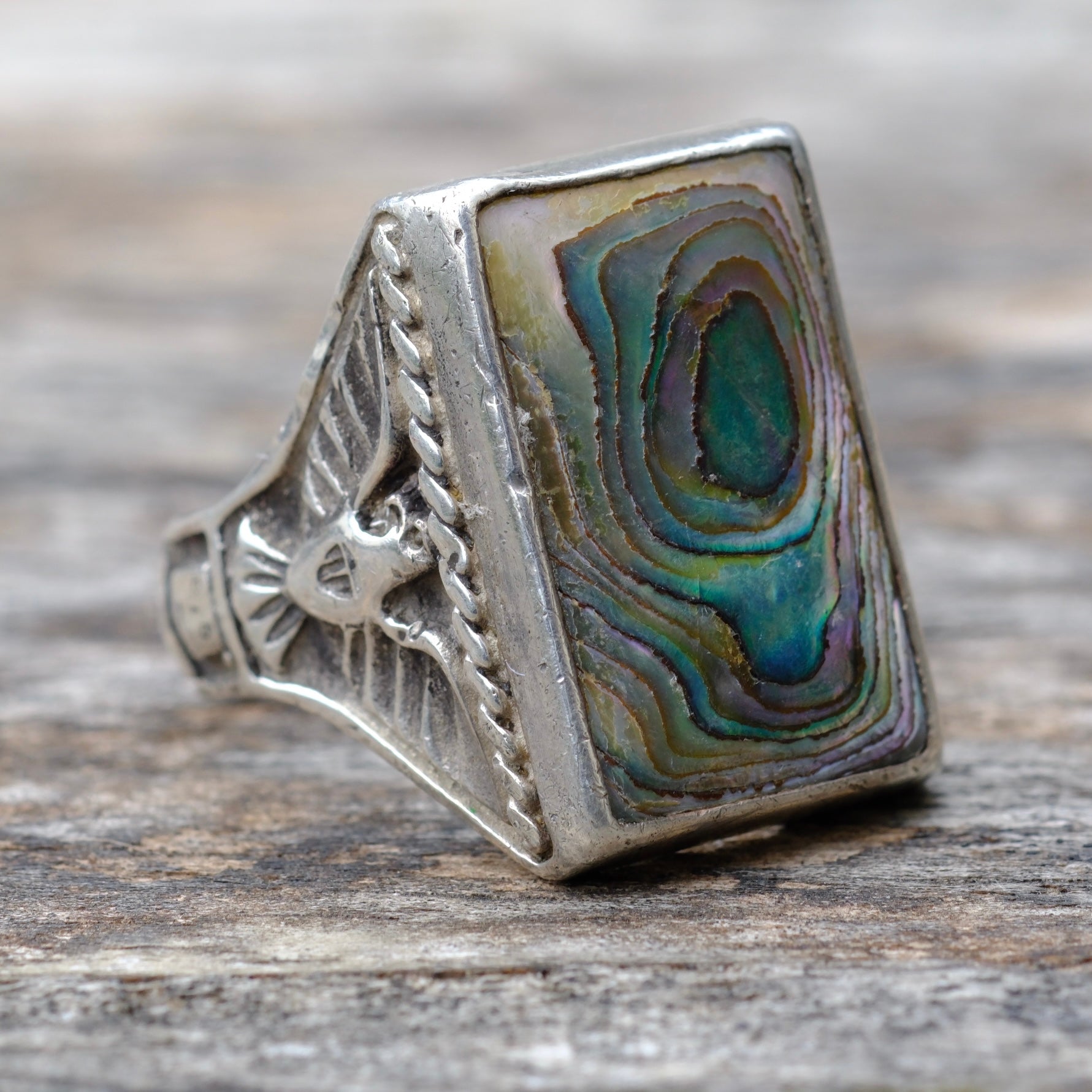 Vintage Sterling Abalone Thunderbird Trading Post Ring 10