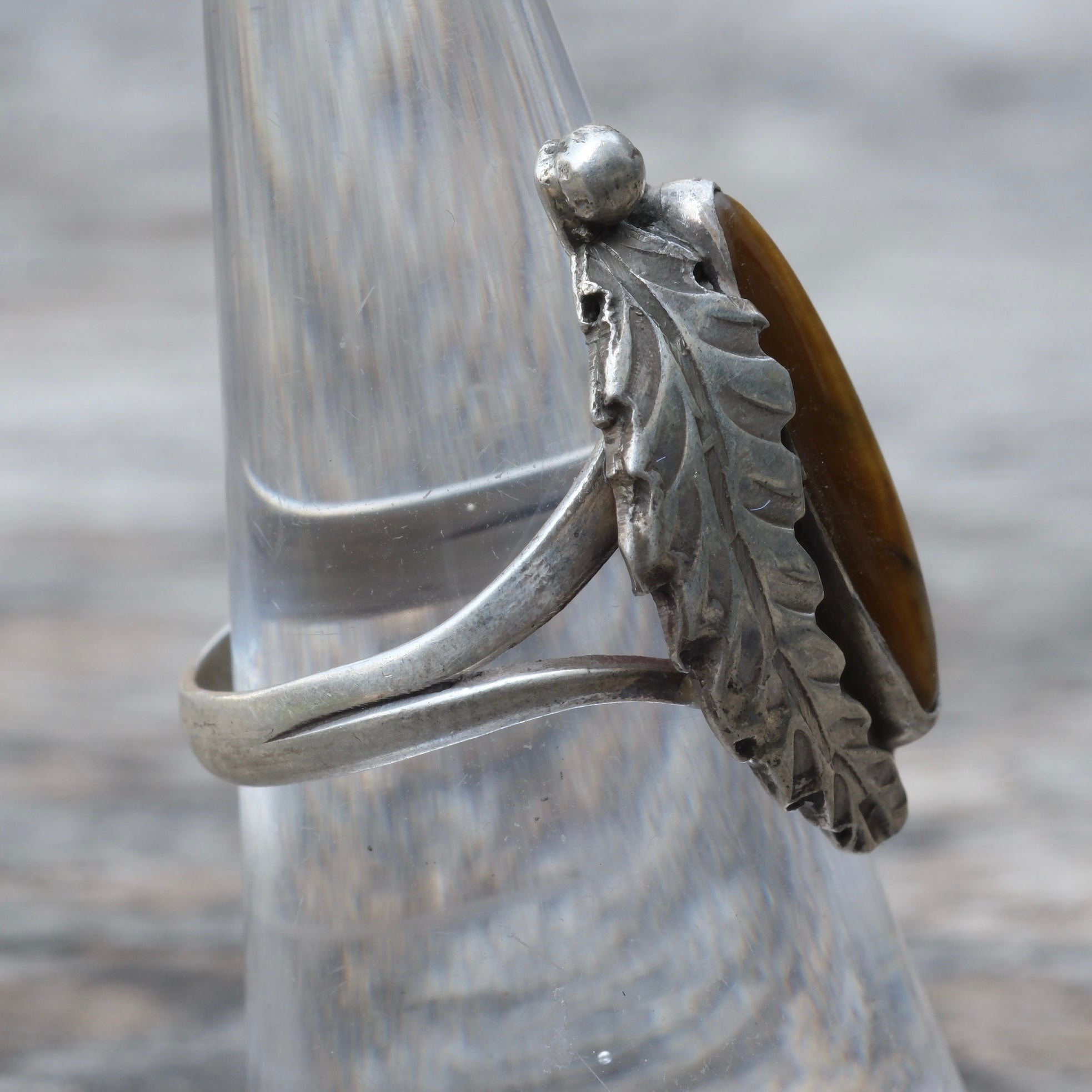 Vintage Sterling Tigers Eye Feather Ring 6.5
