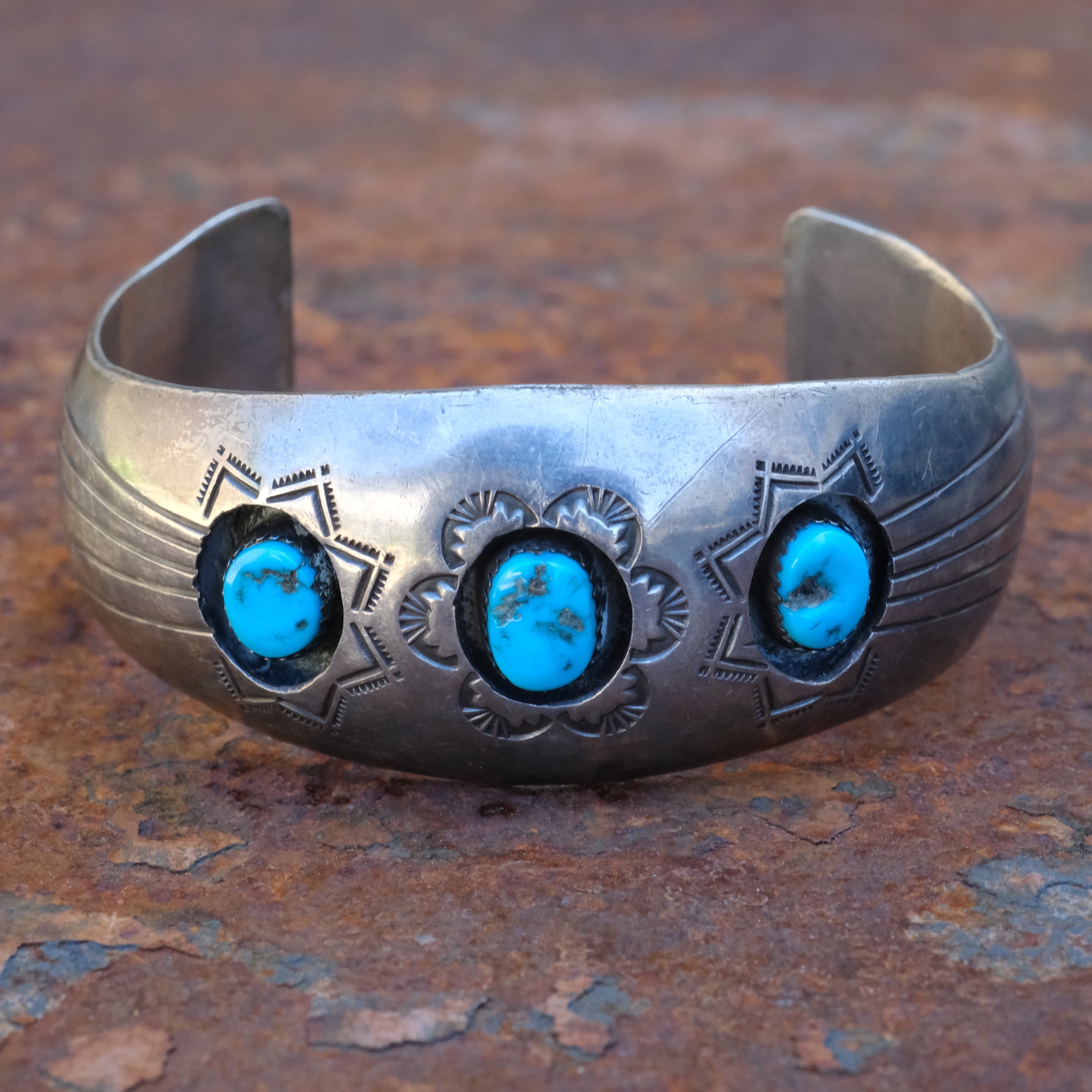 Vintage Sterling 3-Stone Turquoise Shadowbox Cuff Bracelet
