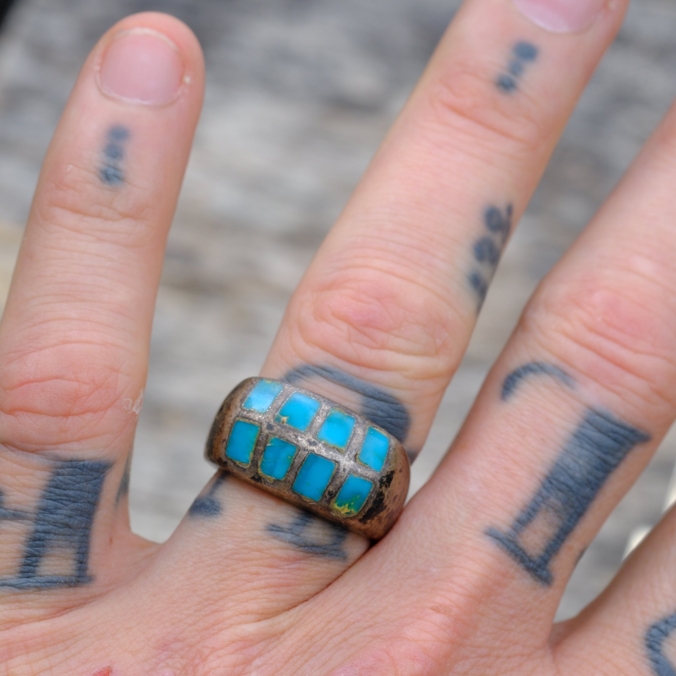 Vintage Sterling Turquoise Inlay Ring 8.5