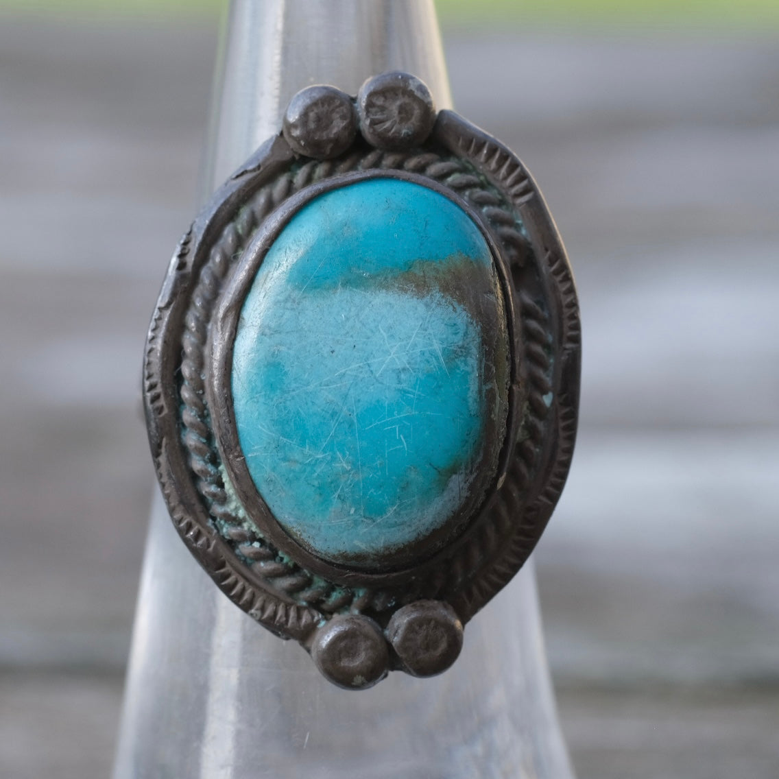 Vintage Sterling Turquoise Roper Ring 5.75