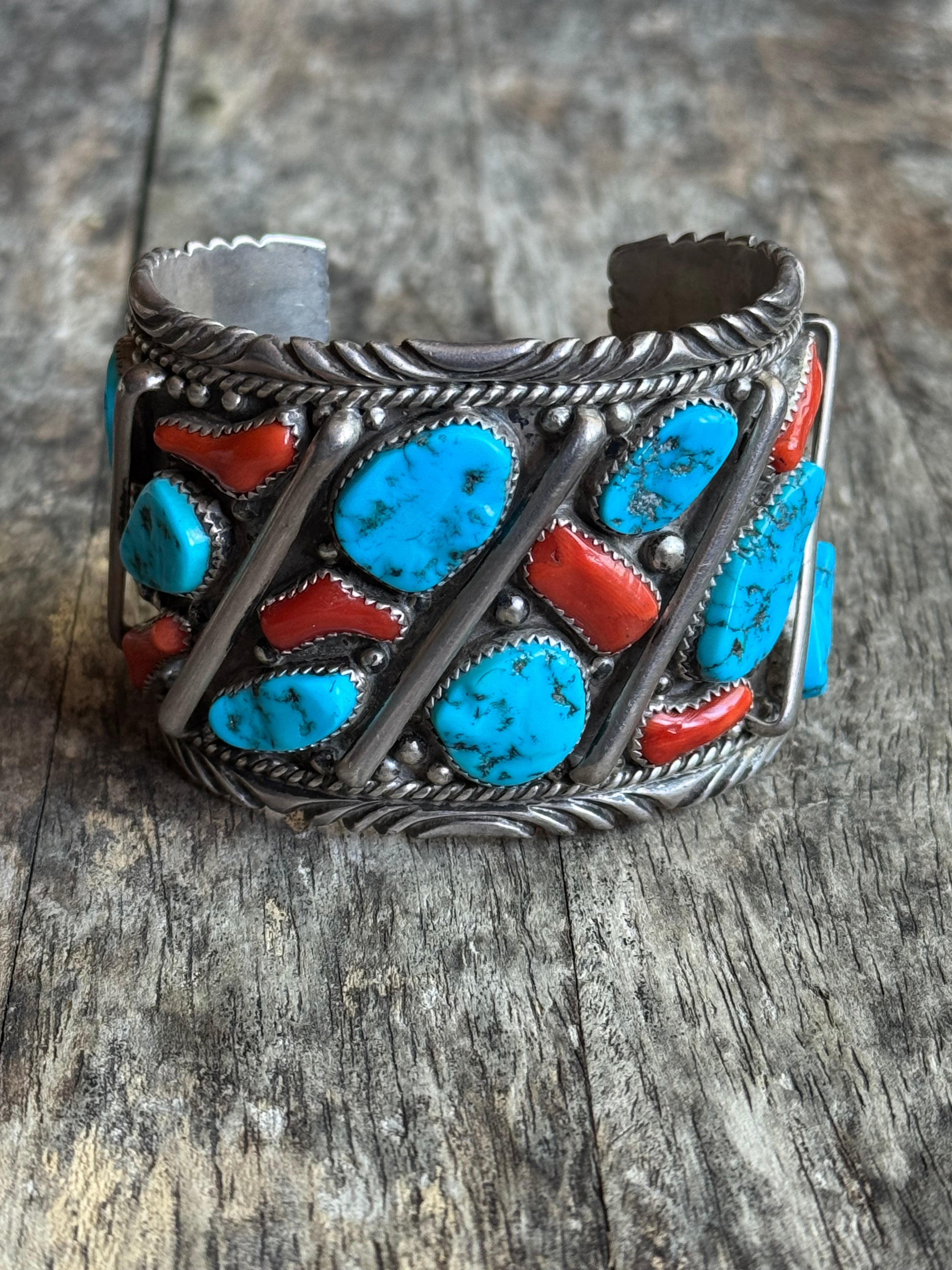 Vintage Sterling Silver Heavy Turquoise & Coral Roped Bar Cuff