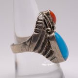 Vintage Sterling Turquoise and Coral Feather Ring 9.25