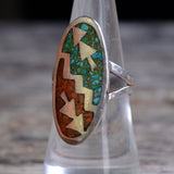 Vintage Sterling Turquoise and Coral Inlay Ring 7.75