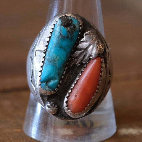 Vintage Sterling Turquoise and Coral Chunky Navajo Ring 10.75