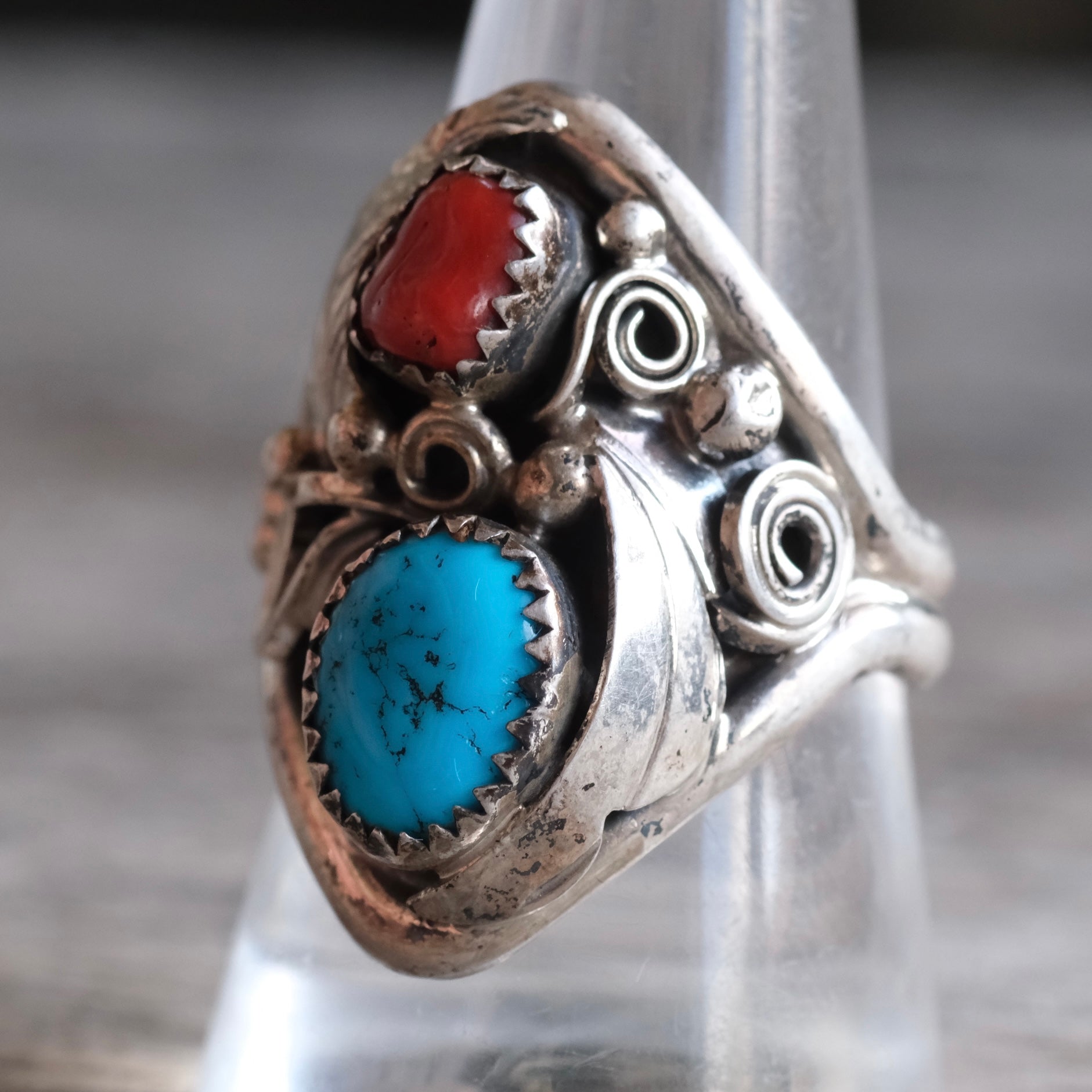 Vintage Sterling Turquoise and Coral Feather Ring 10.25