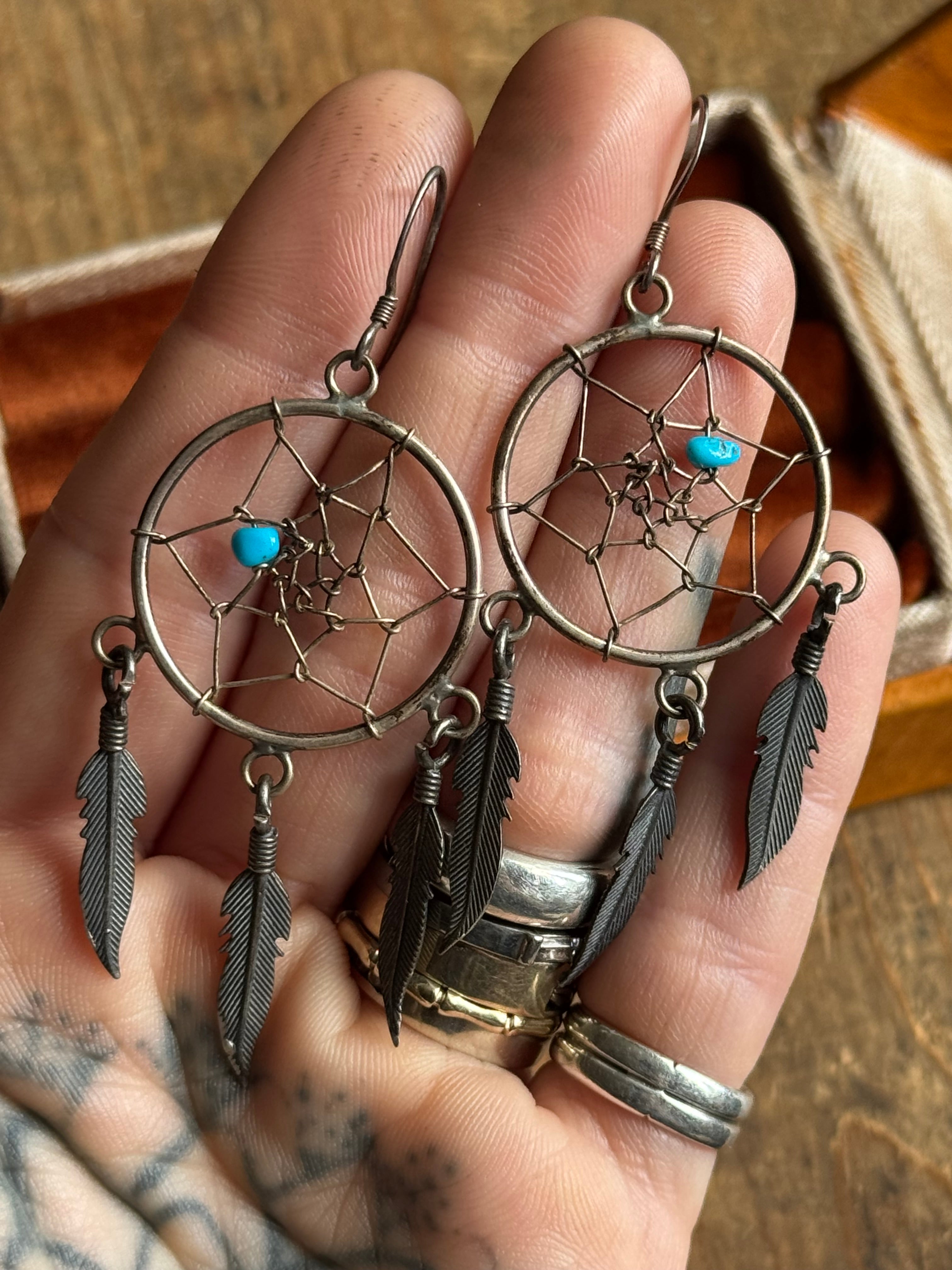 Vintage Sterling Silver Turquoise Dreamcatcher Earrings