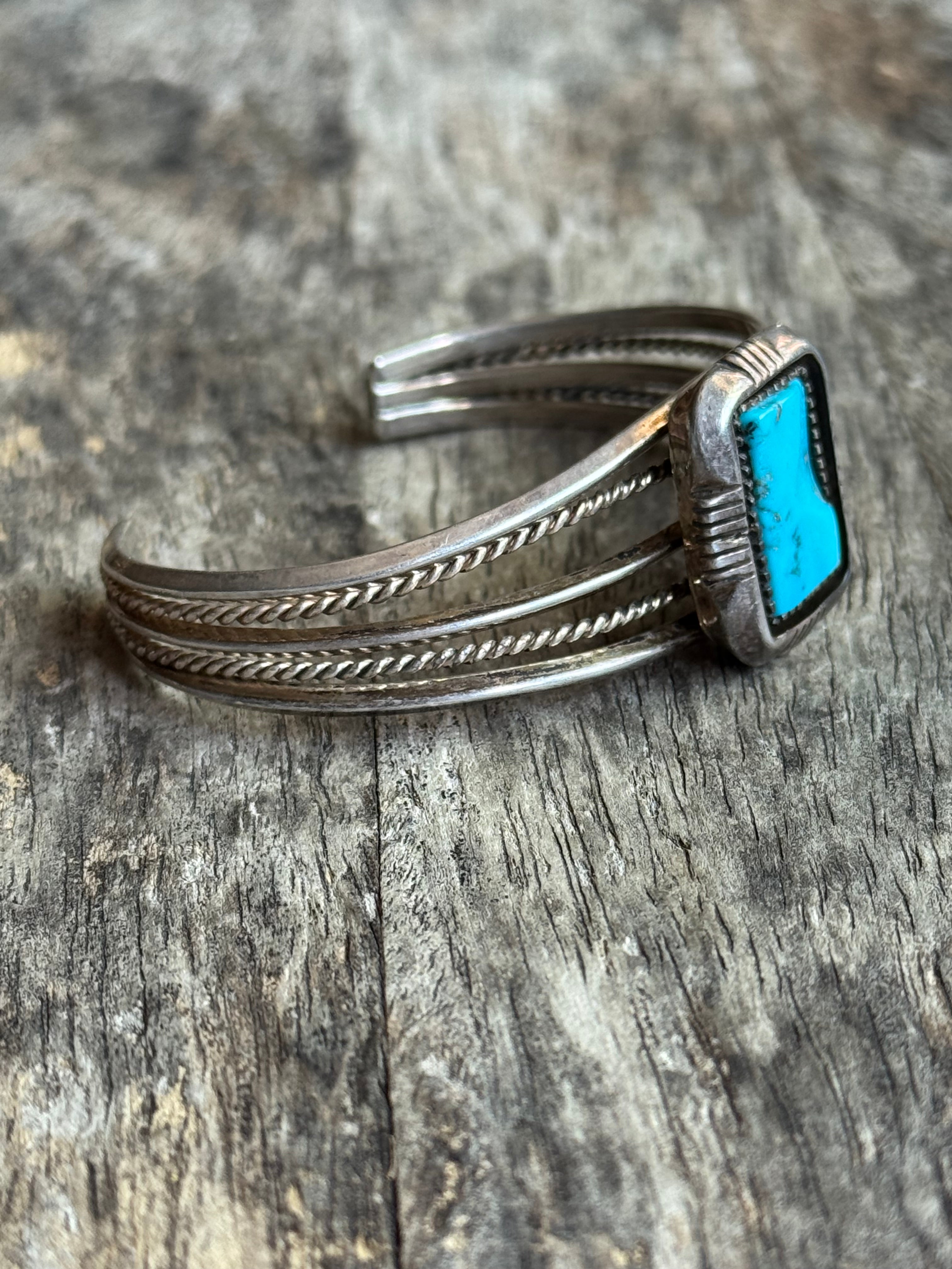 Vintage Sterling Silver Square Turquoise Sawcut Cuff