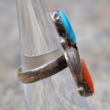 Vintage Sterling Turquoise and Coral Feather Ring 5.75