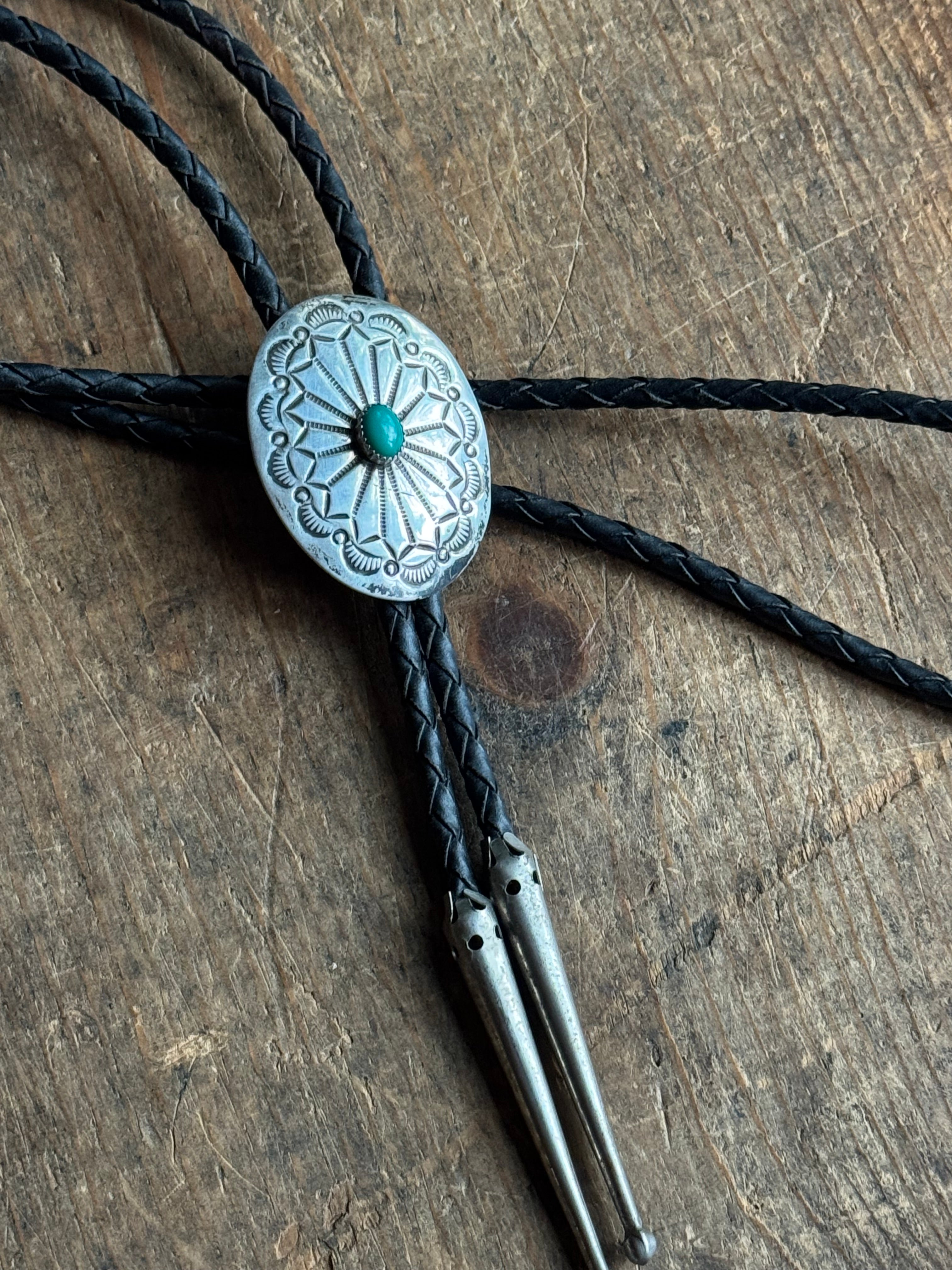 Vintage Sterling Silver Stamped Turquoise Concho Bolo