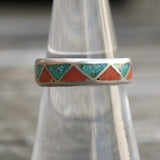 Vintage Sterling Crushed Turquoise and Coral Inlay Band 6.5