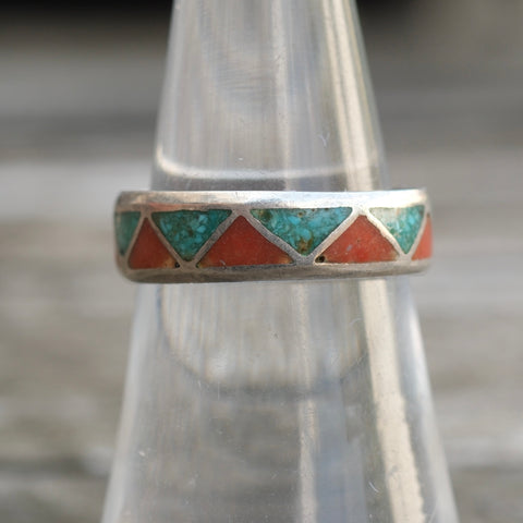 Vintage Sterling Crushed Turquoise and Coral Inlay Band 6.5