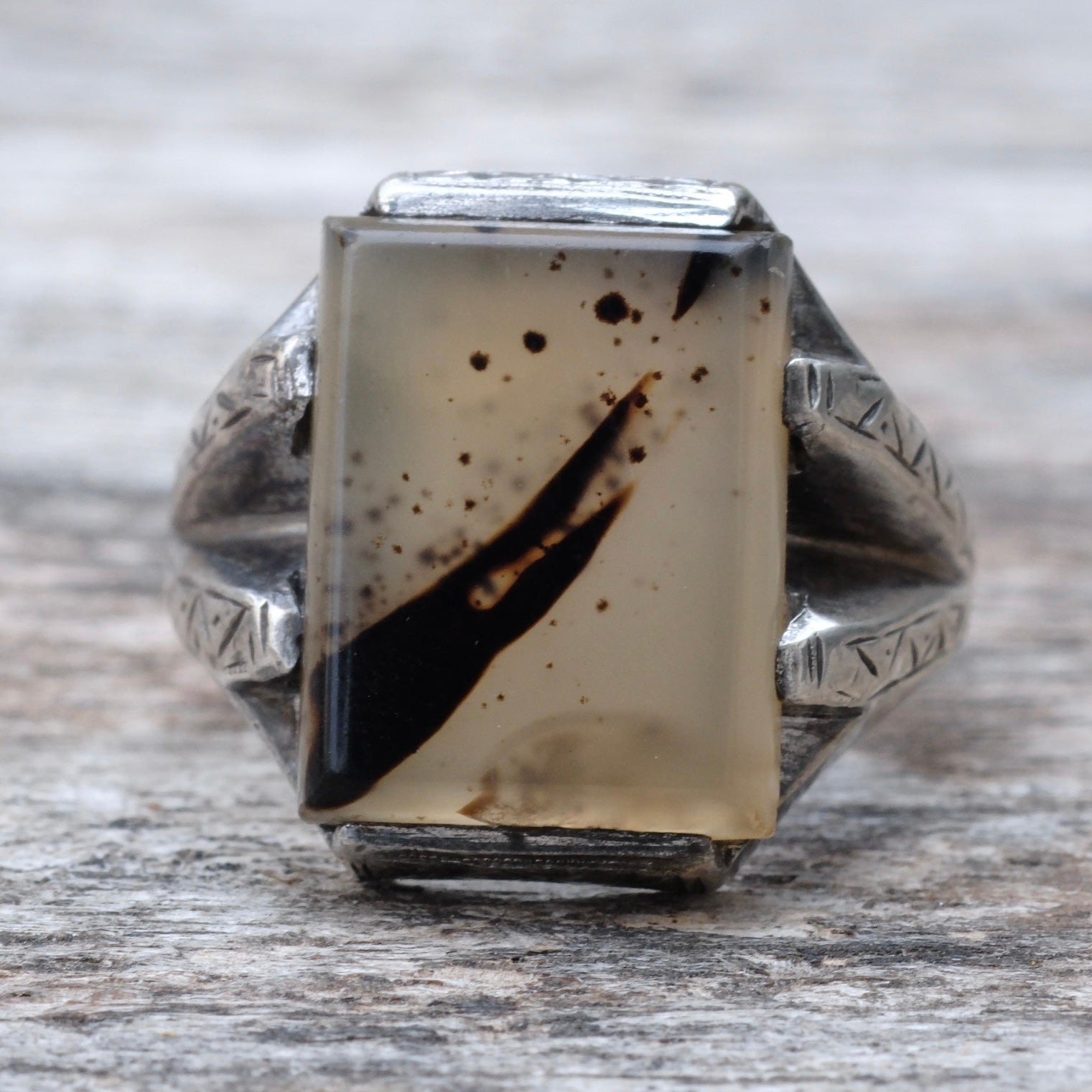 Vintage Sterling Silver Agate Signet Ring 8.5
