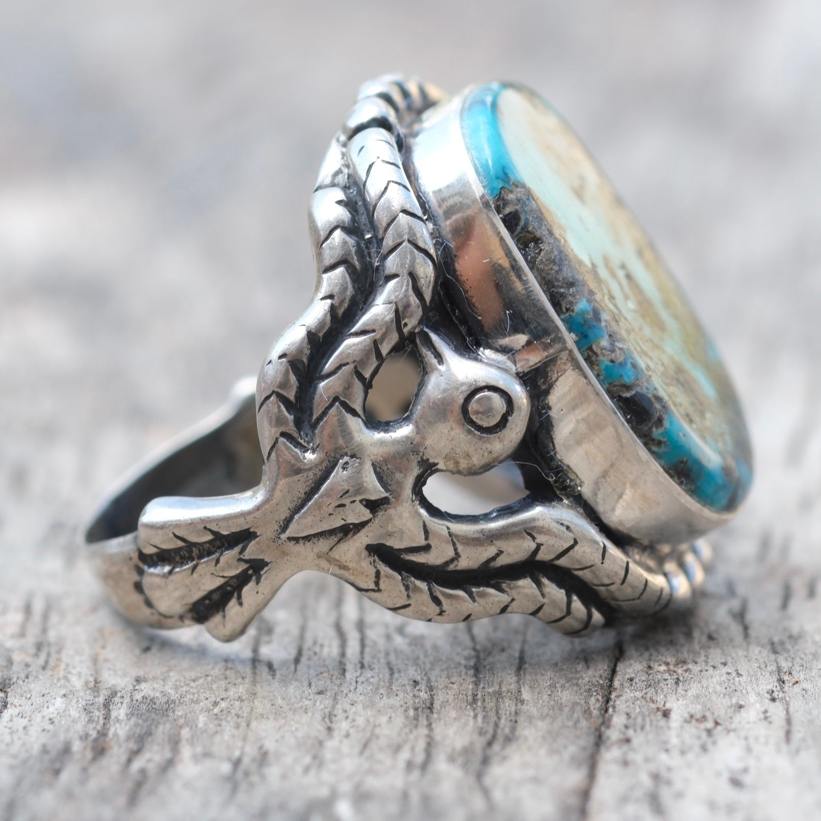 Vintage Sterling Turquoise Thunderbird Ring 7.5