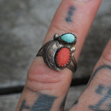 Vintage Sterling Turquoise and Coral Feather Ring 4.5