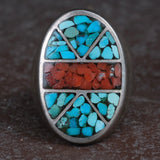 Vintage Sterling Crushed Turquoise and Coral Inlay Ring 10.25