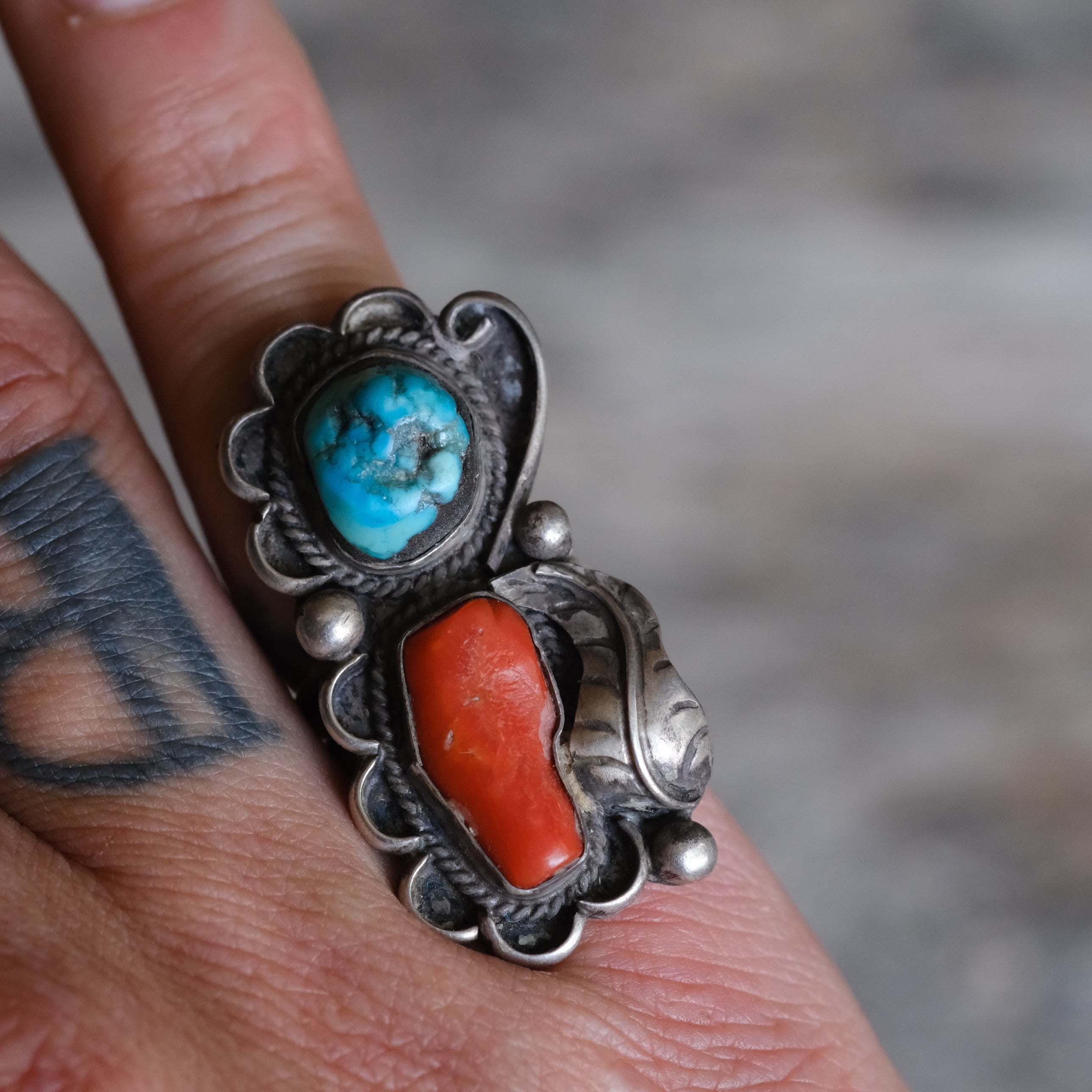 Vintage Sterling Turquoise and Coral Feather Ring 6.25
