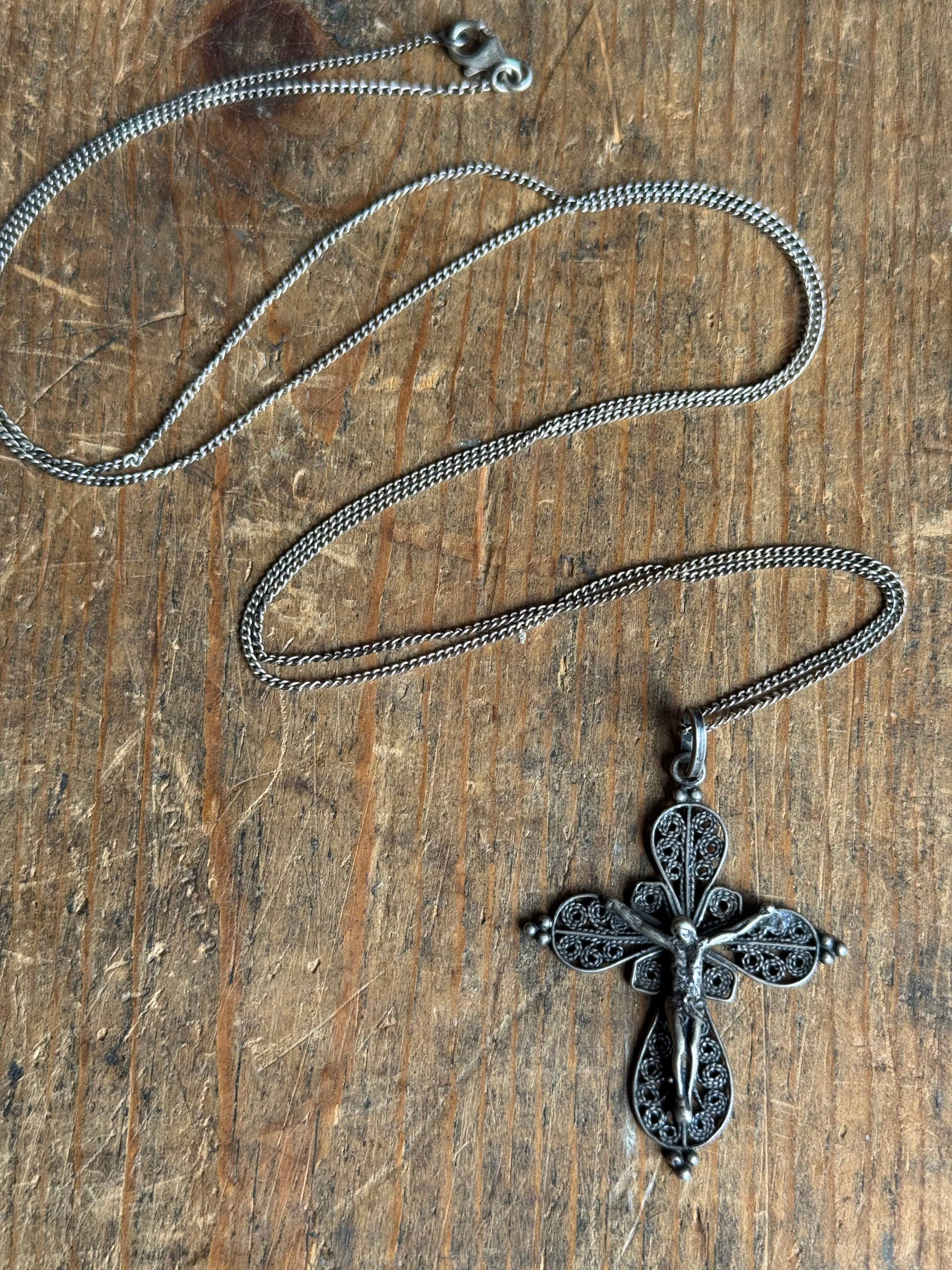 Vintage Sterling Silver Filigree Cross 30" Necklace