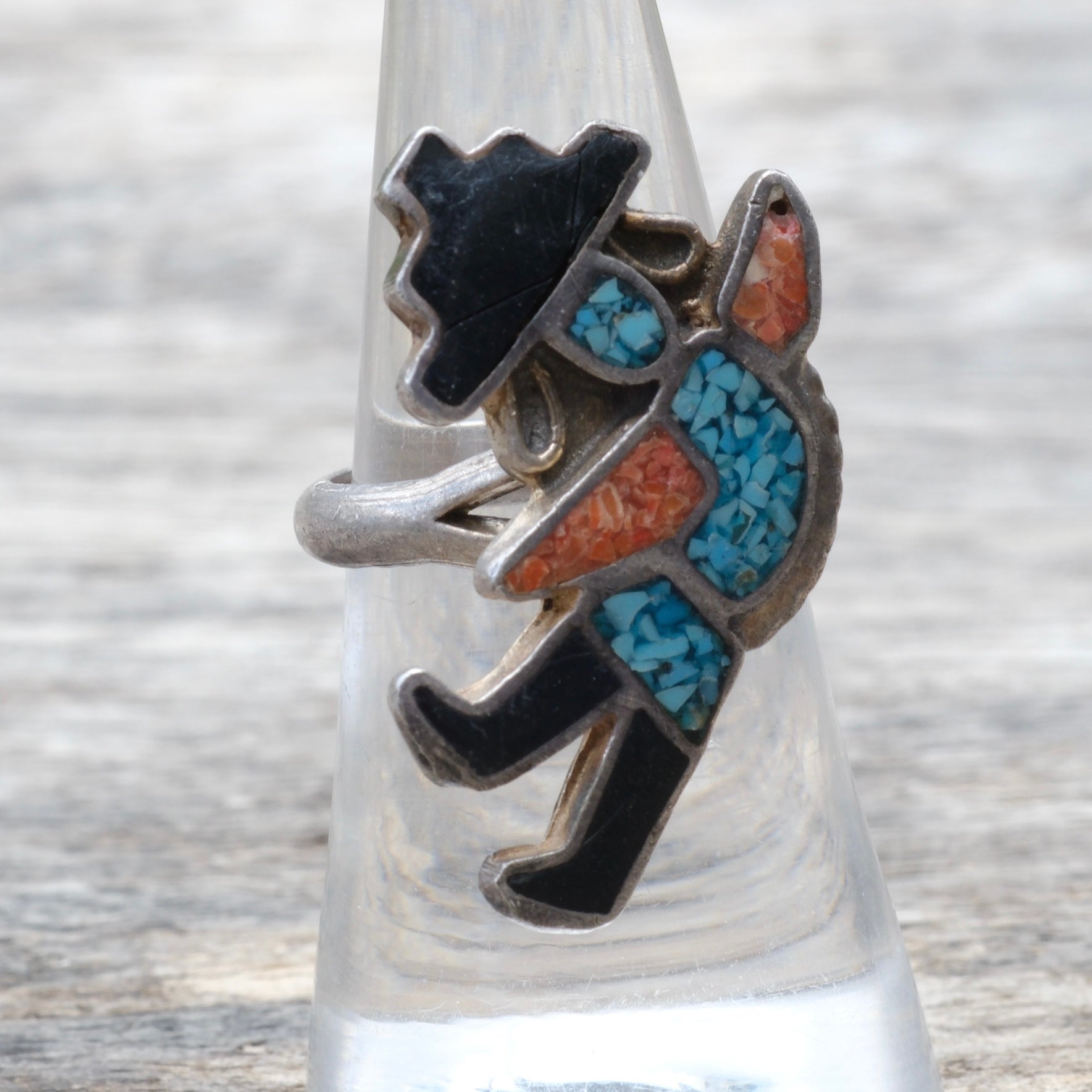 Vintage Sterling Turquoise and Coral Inlay Dancer Ring 7