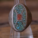 Vintage Sterling Crushed Turquoise and Coral Inlay Ring 8.25