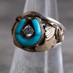 Vintage Sterling Turquoise CZ  Lucky Horseshoe Ring 6.25