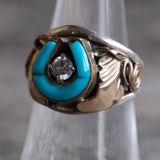 Vintage Sterling Turquoise CZ  Lucky Horseshoe Ring 6.25