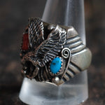 Vintage Sterling Turquoise and Coral Eagle Ring 11.75