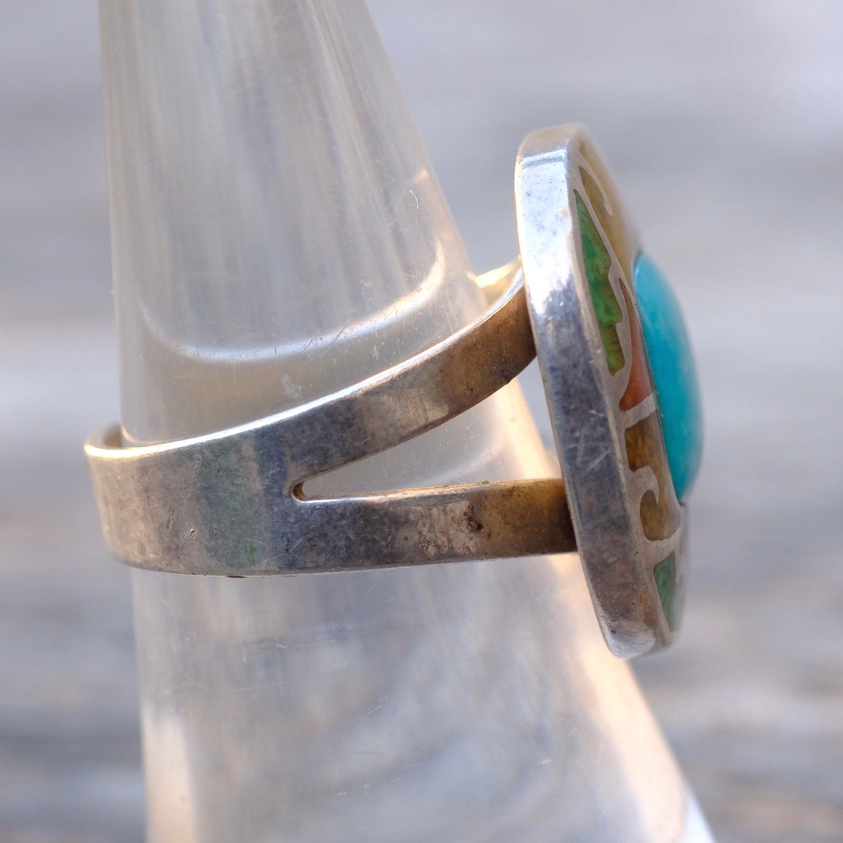Vintage Sterling Turquoise and Coral Inlay Ring 7.75