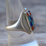 Vintage Sterling Multistone Inlay Panel Ring 8.5