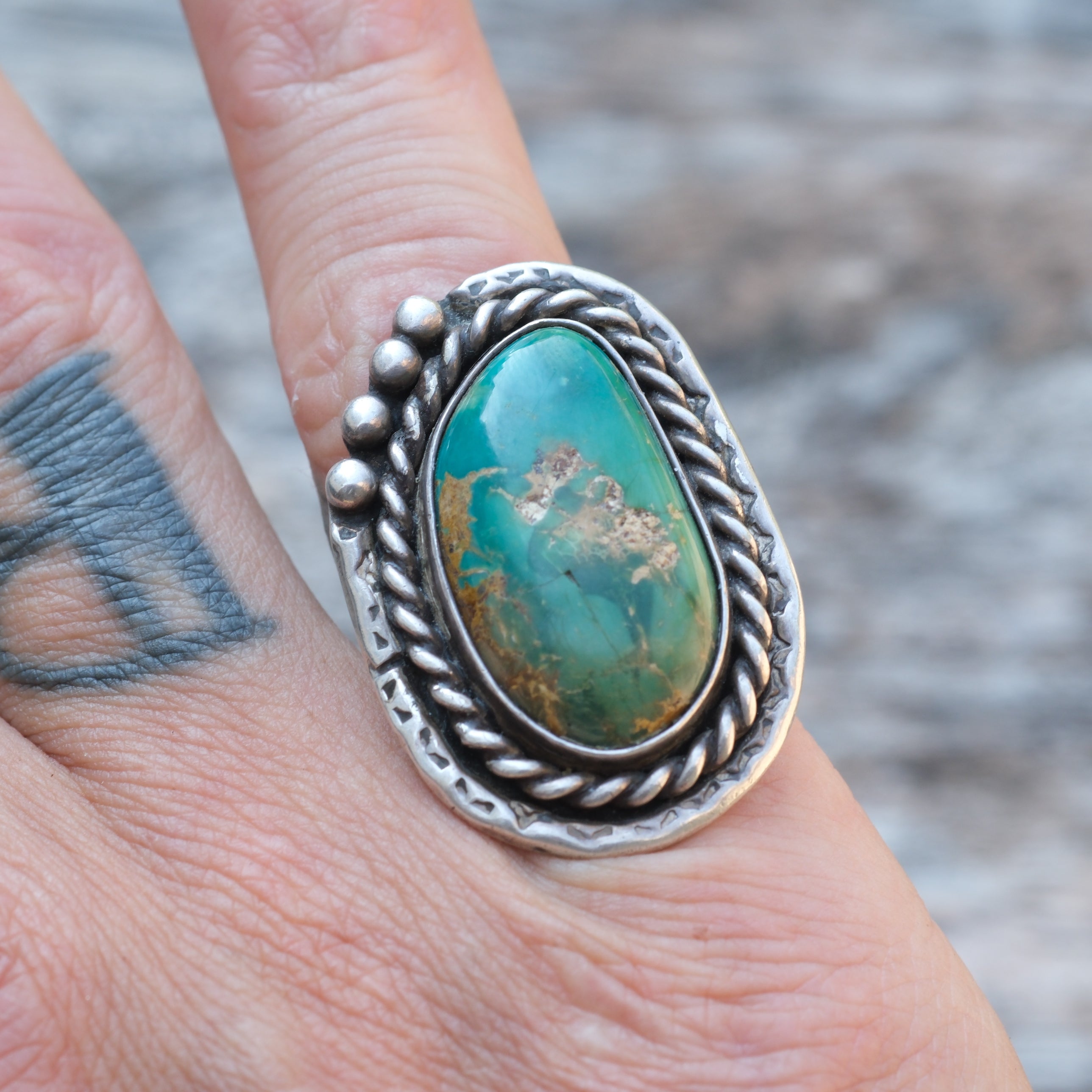 Vintage Sterling Turquoise Roper Ring 5.5