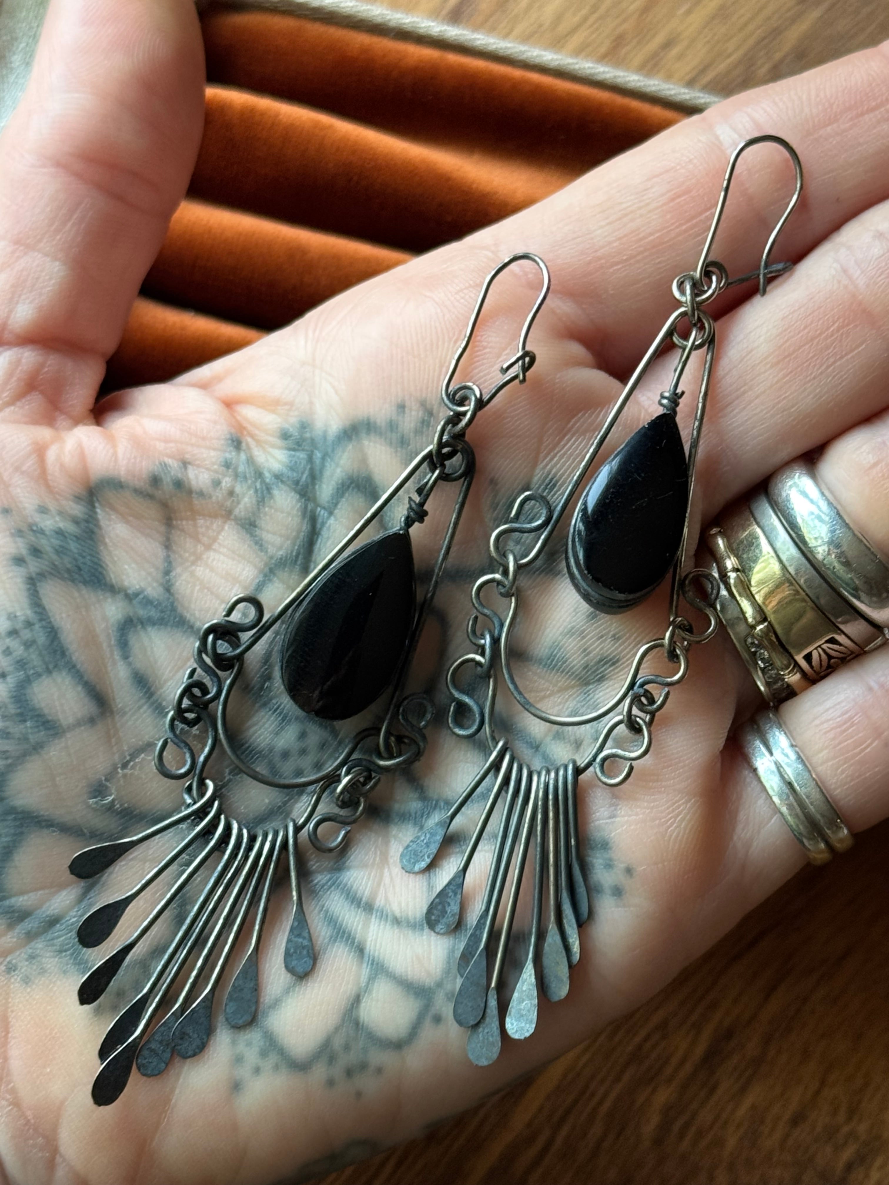 Vintage Sterling Silver Onyx Chandelier Earrings