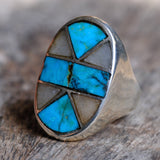 Vintage Sterling Turquoise and Mother of Pearl Inlay Ring 8.25