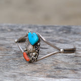 Vintage Sterling Turquoise and Coral Feather Cuff