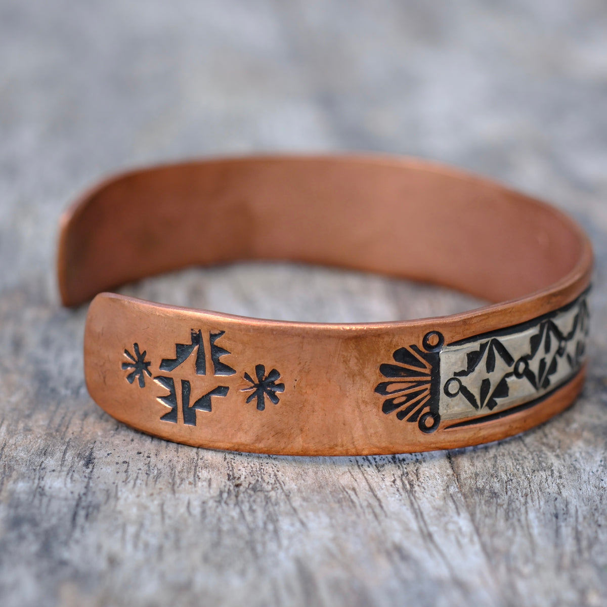 Vintage Sterling Copper and Sterling Silver Stamped Cuff Bracelet