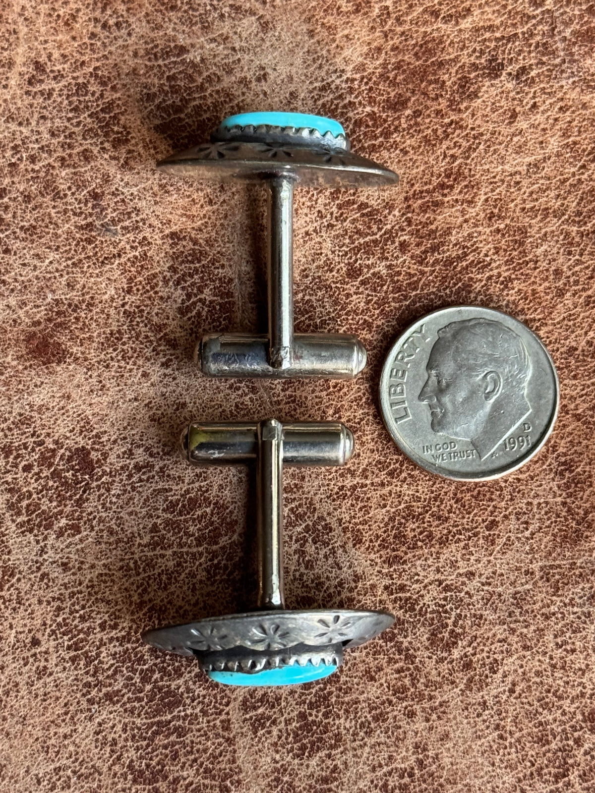 Vintage Sterling Silver Stamped Turquoise Shadowbox Cufflinks
