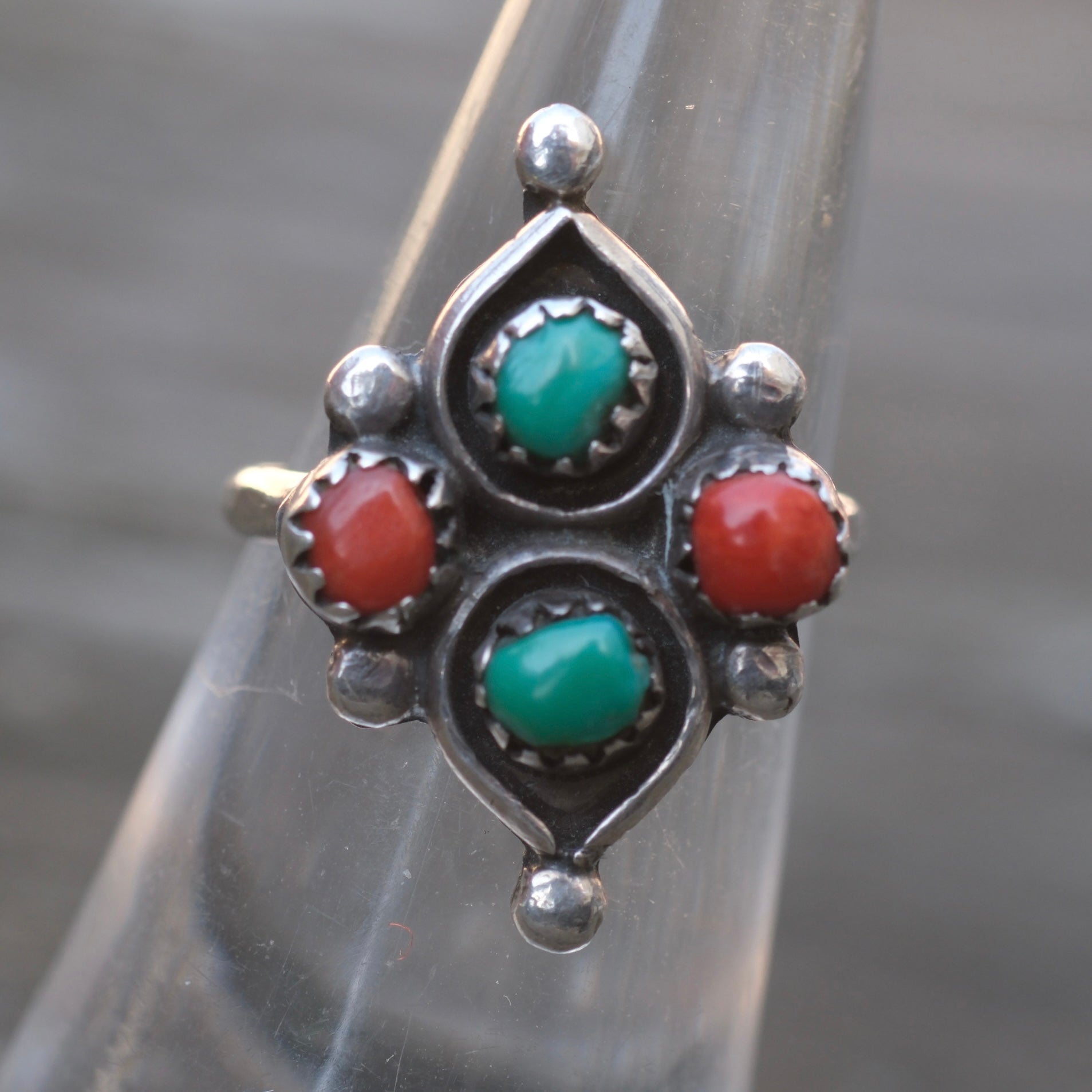 Vintage Sterling Turquoise and Coral Cluster Ring 5.25