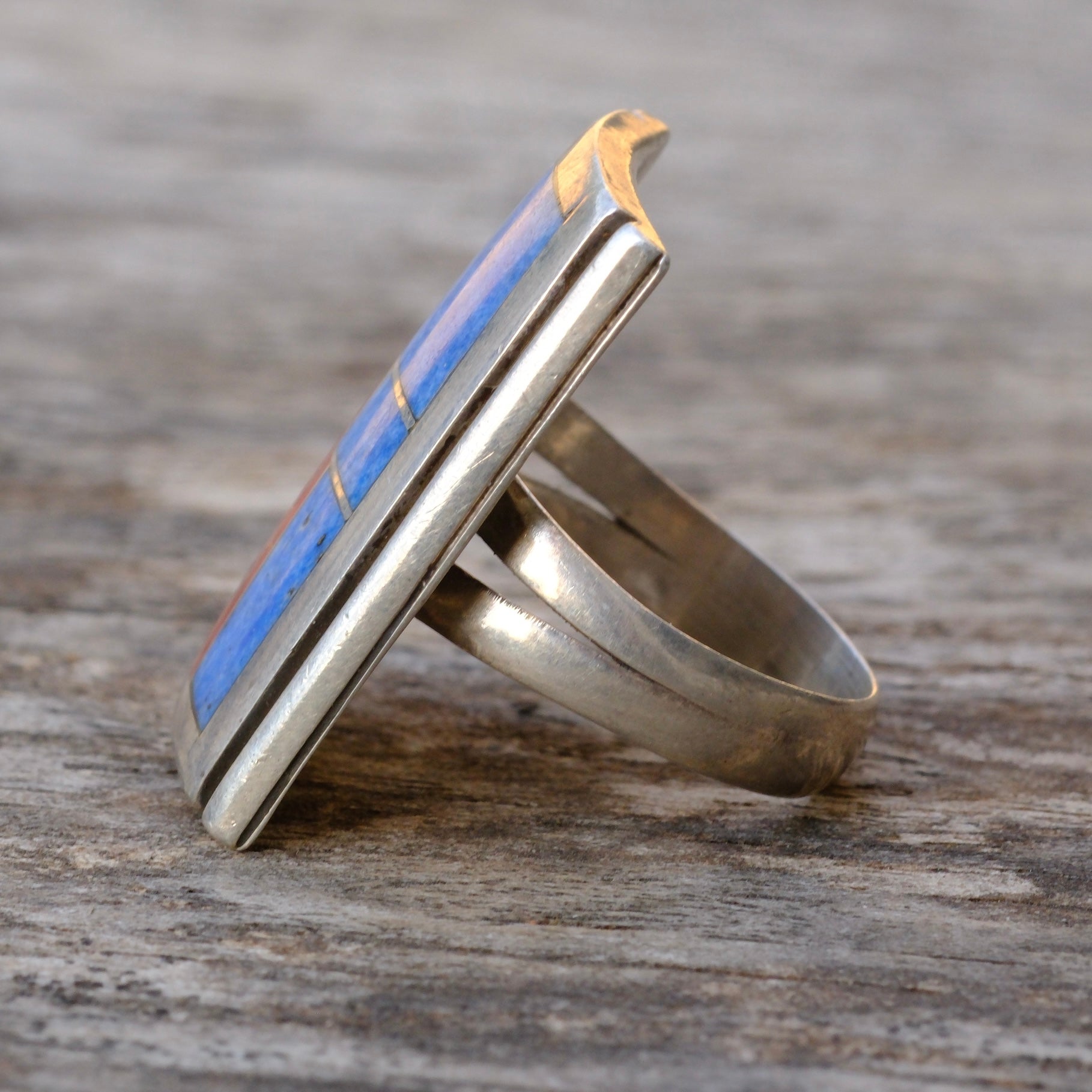 Vintage Sterling Sodalite and Coral Inlay Mosaic Ring 6.25