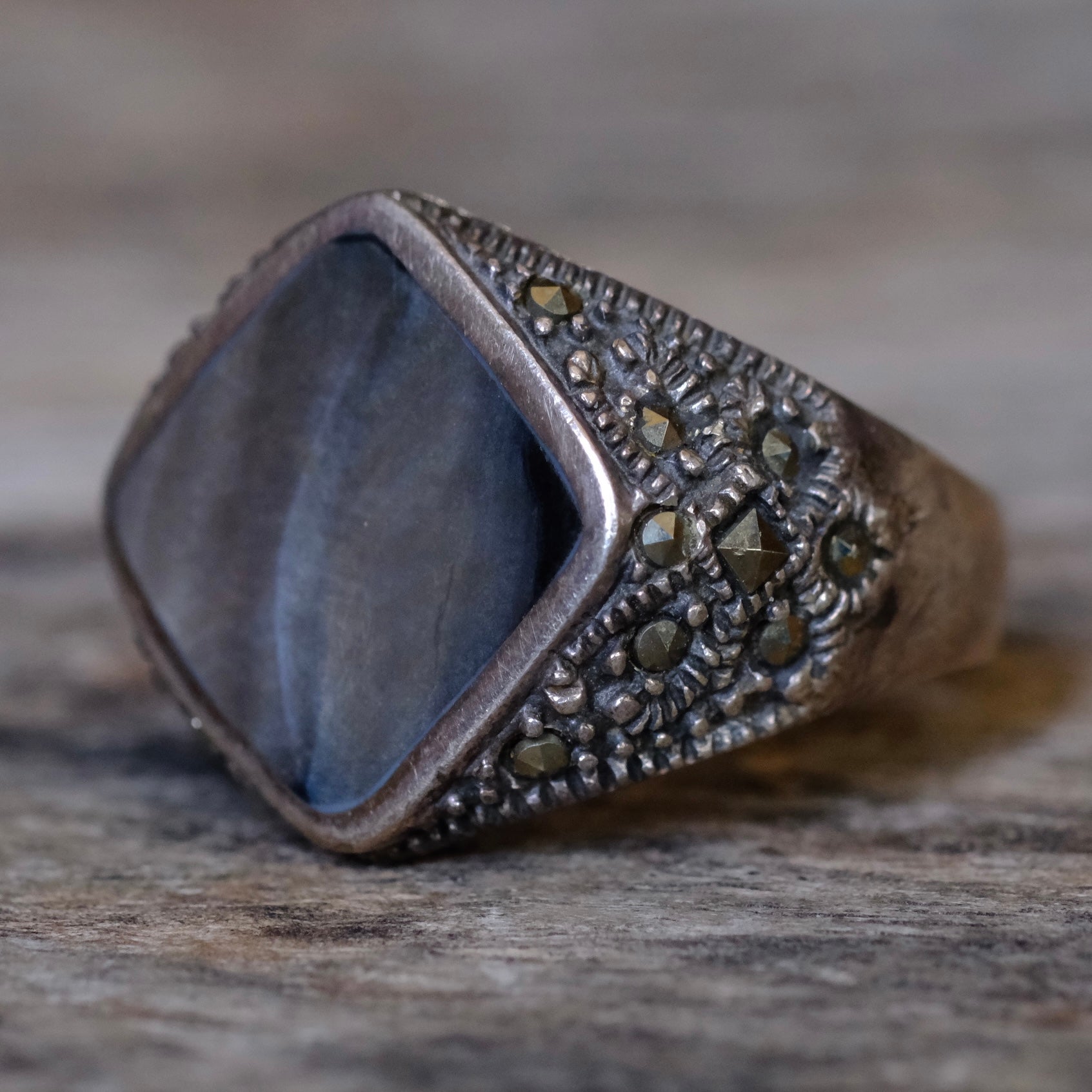 Vintage Sterling Abalone and Marcosite Signet Ring 8.75