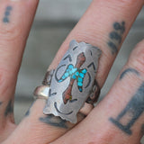 Vintage Sterling Turquoise and Coral Thunderbird Ring 8.75