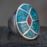 Vintage Sterling Crushed Turquoise and Coral Inlay Ring 10