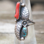 Vintage Sterling Turquoise and Coral Feather Ring 6