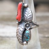 Vintage Sterling Turquoise and Coral Feather Ring 6