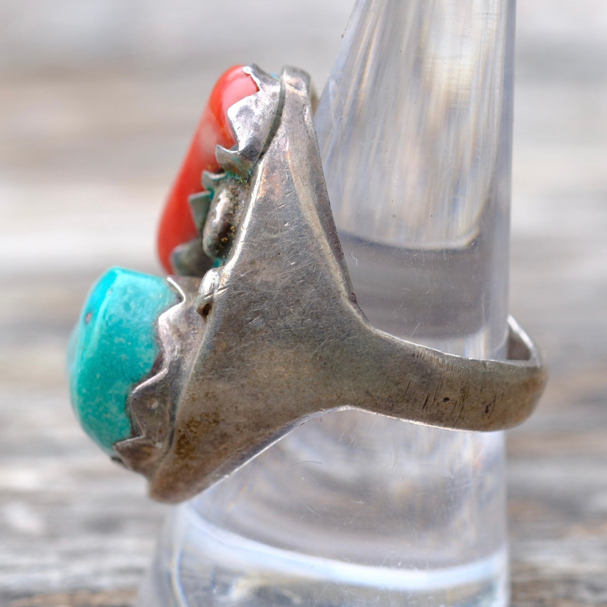Vintage Sterling Turquoise and Coral Ring 9.5