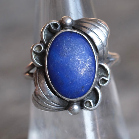 Vintage Sterling Lapis Feather Ring 6.75