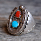 Vintage Sterling Turquoise and Coral Horseshoe Ring 7.25