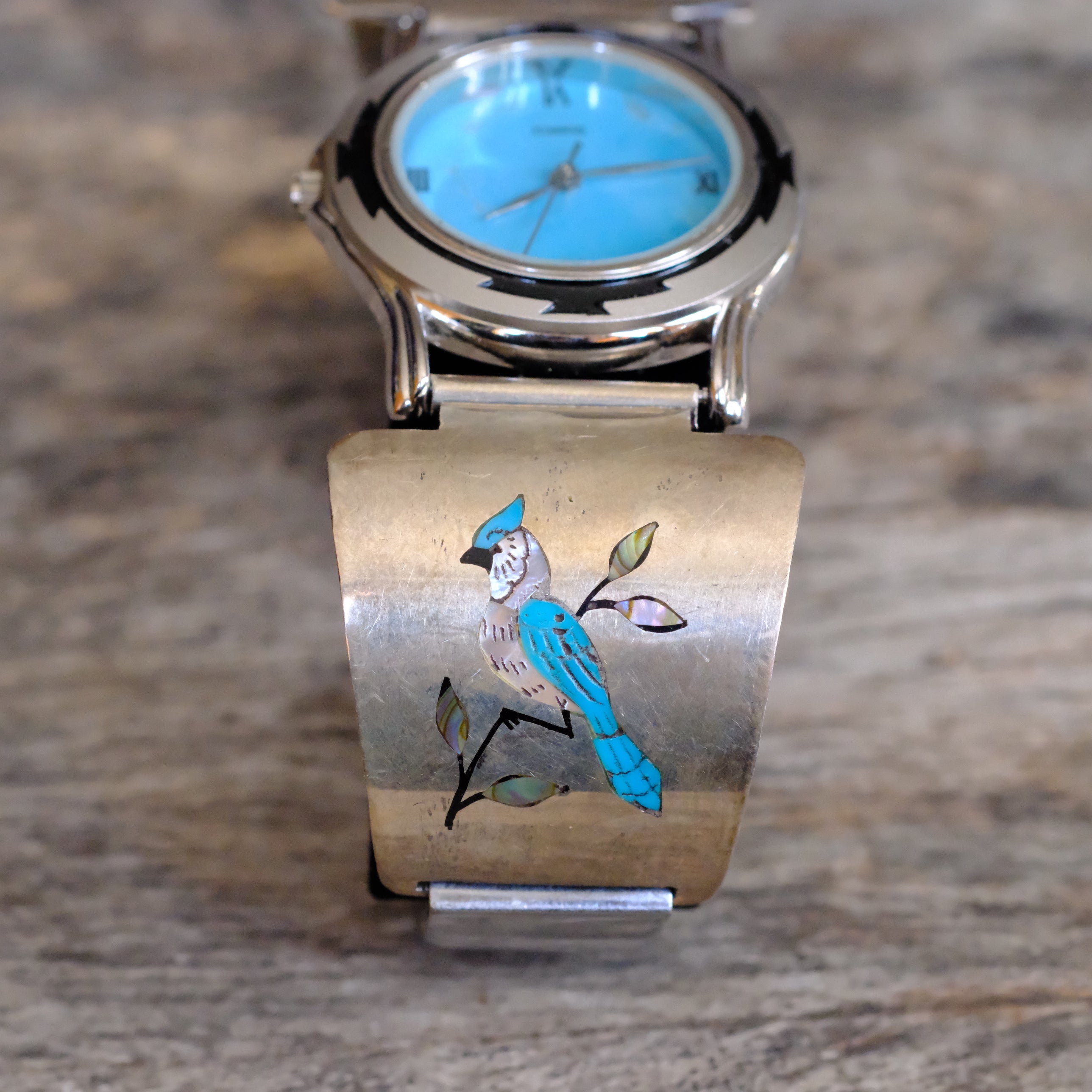 Vintage Sterling Inlay Blue Jay Watch With Turquoise Dial