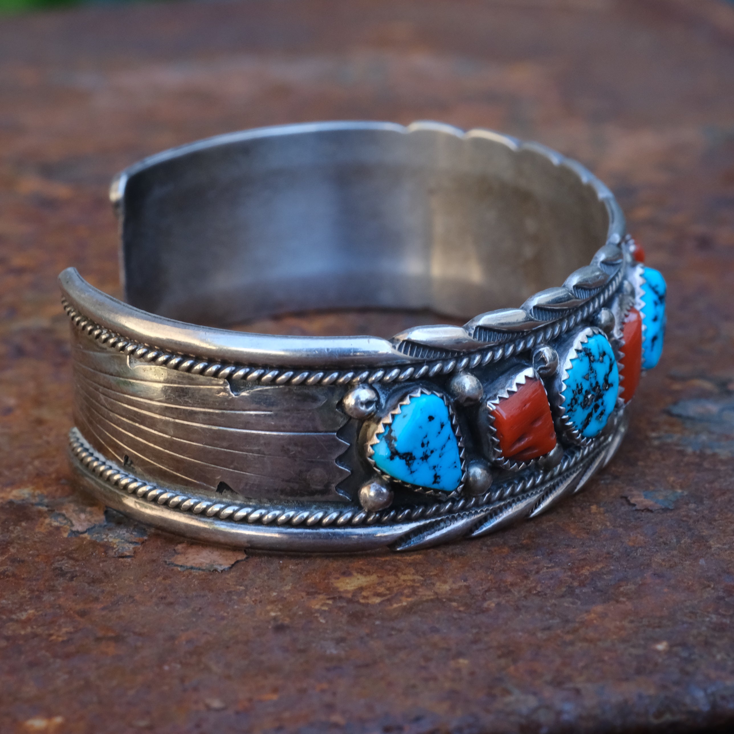Large Vintage Sterling Turquoise and Coral Cuff Bracelet