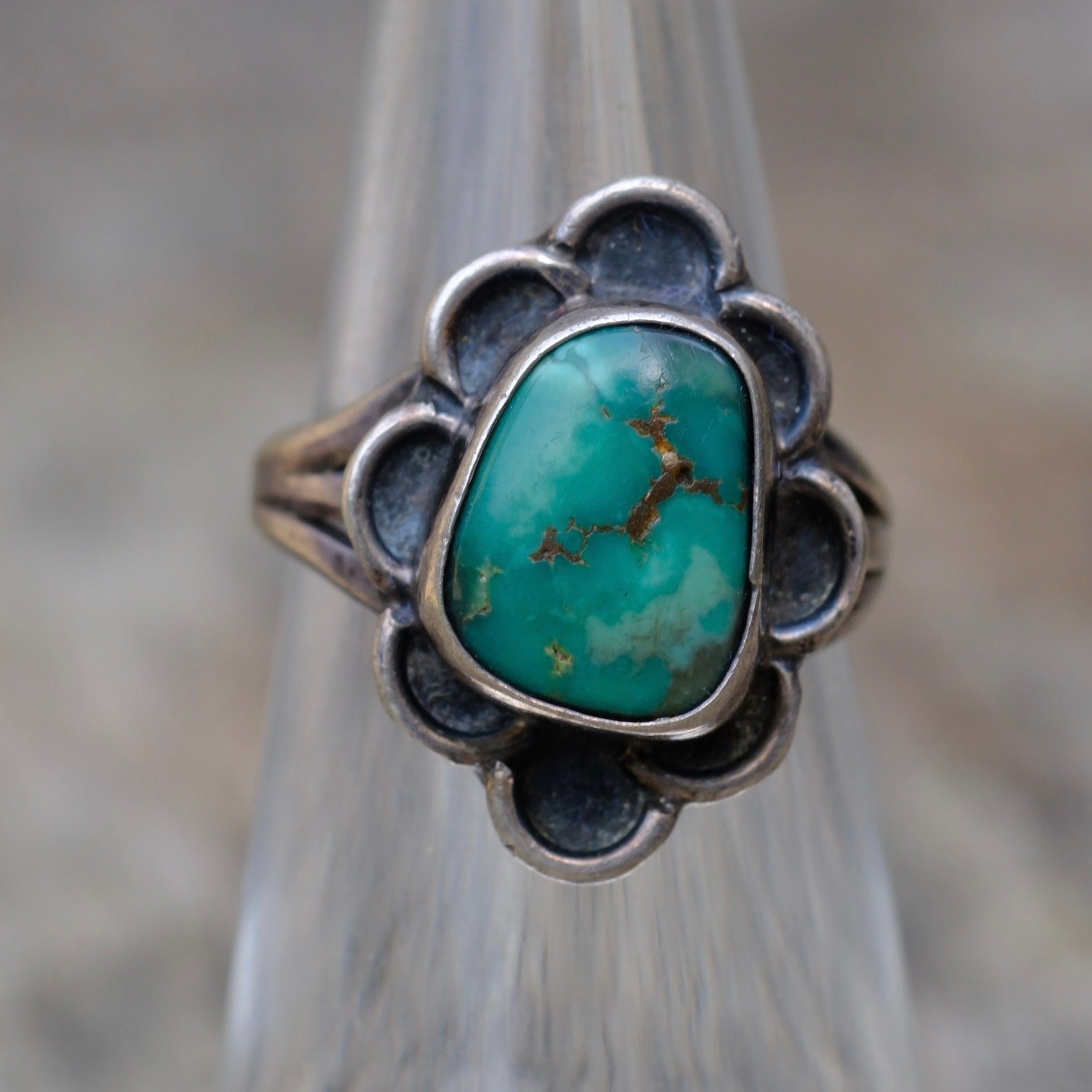 Vintage Sterling Turquoise Florette Ring 4.75